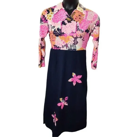 Dresses | Vintage7s Empire Waist Hostess Dress Floral Applique Pink Navy Blue | Poshmark Dresses | Vintage7s Empire Waist Hostess Dress Floral Applique Pink Navy Blue | Poshmark